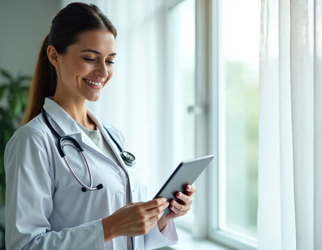 Female doctor portrait with tablet in clinic. Smiling woman cardiologist reads medical info, uses digital tech for patient care. Medical professional browsing patient record in hospital.