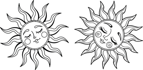 Kawaii, style sun emoji line icon with cute expression and sparkles