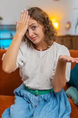 Face palm. Shame on you. Upset woman making disrespect gesture, feeling bored disappointed in fail...