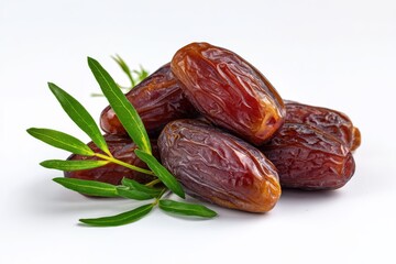 A 4K photo of big dates isolated. Dry date fruits heap, medjool, medjoul or majhool, royal dates with green leaves on white background.