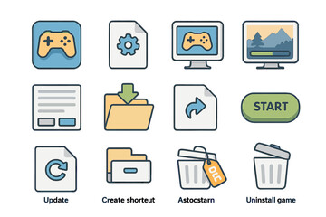 Colorful gaming icons: start screens, folders, updates, trash, and monitors