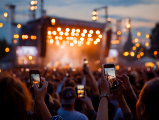 Crowd enjoying outdoor summer music festival at dusk, taking photos and videos