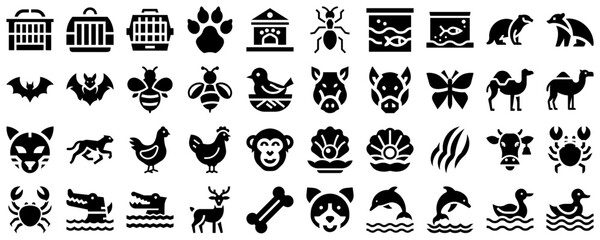 Vector icon set of various animals and symbols for diverse themes