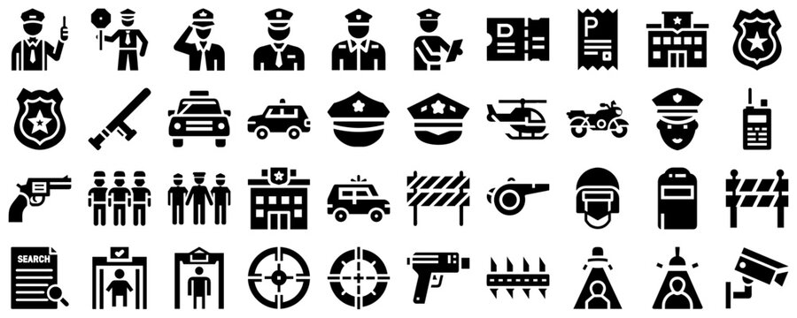 Police icon set featuring officers, vehicles, and equipment in black silhouettes
