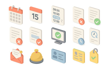 Isometric icons of calendar, documents, clock, and notifications