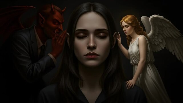 Woman between angel and devil