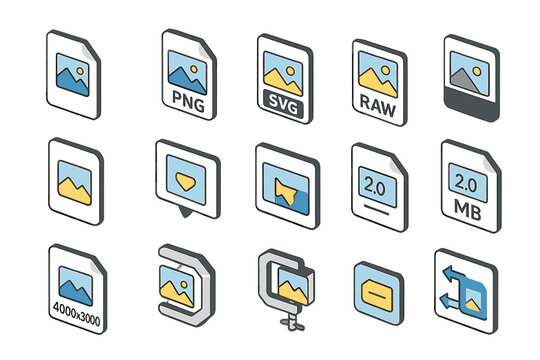 Isometric icons of different image file types and compression tools