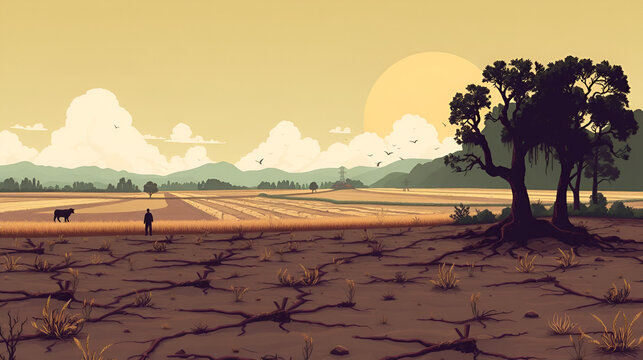 The barren field stood as a striking contrast to the lush farms nearby a harsh reminder of the fickleness of nature and its devastating consequences.. Vector illustration