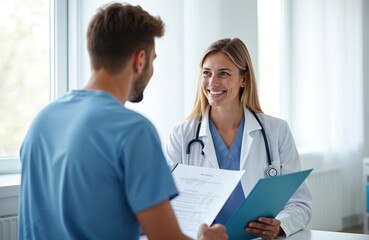 Fototapeta premium Friendly female doctor consults young male patient in medical office during examination. Doctor explains test results, providing health care information, support in clinic. Consultation, appointment,