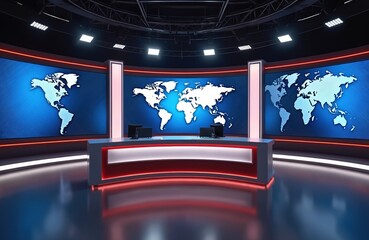 Modern studio news set with world map backdrop. Minimalist design, red and blue color scheme. TV news program background for broadcasting news. Video presentation background.