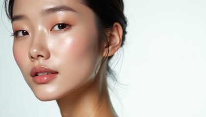 Naklejka premium Attractive young Asian woman with K-beauty style makeup and perfect skin on white background. Facial skincare concept, cosmetology treatment, model beauty portrait.
