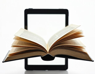 Open paper book with turning pages on an electronic e-book display. E-reader tablet. E-book, digital library, e-reader education concept. Modern tech, reading online concept, education.