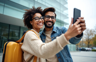 Happy diverse couple takes selfie with smartphone. Young european woman with curly hair and indian man in glasses with suitcase starting trip. Technology travel blog vacation concept.