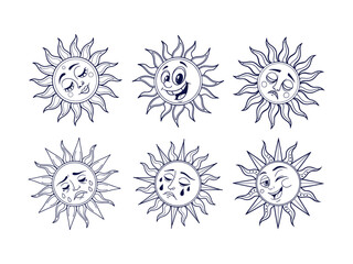 Kawaii, style sun emoji line icon with cute expression and sparkles