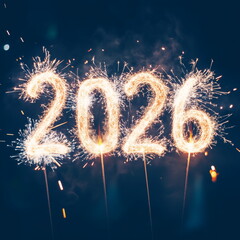 The year 2026 written with glowing sparklers against a dark night sky, creating a festive and celebratory atmosphere filled with sparkling light and energy. Happy new year greeting illustration