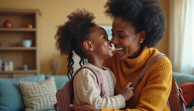 African-American mom, daughter share joyful moment. Child is ready for school, with backpack. Woman, girl smile, look at each other with love in home living room. Happy family, childhood memories.