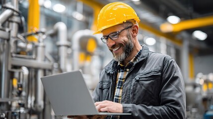 Smiling Industrial Engineer Working with Laptop in Factory Setting