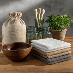 A collection of eco-friendly kitchen items including a wooden bowl, stacked cloths, a burlap bag, glass jars, and a potted herb plant.