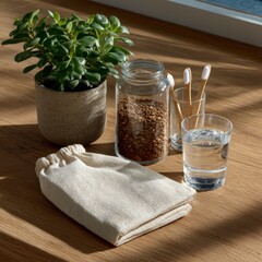 A cozy indoor scene featuring a small green plant in a pot, a glass of water, a jar of grains, cotton bag, and cotton swabs on a wooden table.