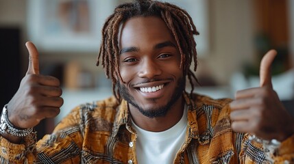 Smiling man with dreadlocks gives thumbs up. Positive expression, close-up