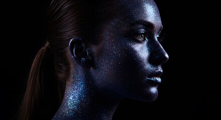 Woman with Glittering Blue Makeup in Profile on Black Background