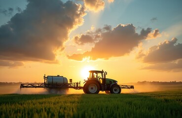 Fototapeta premium Tractor spraying fields, agricultural equipment treating crops with herbicide. Sunset sky, farmland, weed control, chemical pesticide application in action. Industry machine working in open field.