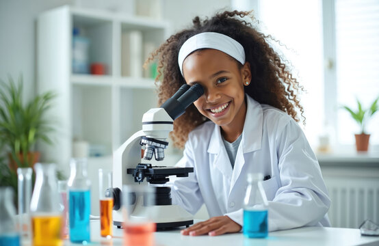 Happy African American girl examines microscope in school lab. Smiling student tests colorful liquid chemicals, explores science. Education, research, biology, school life concept.