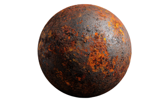 rusty metal sphere with corroded orange and brown surface texture on transparent background 3d rendered object