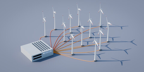 Concept: Huge power consumption of modern data centers for AI computations. A data center and adjacent several wind turbine directly connected to the data center. © Andreas Prott