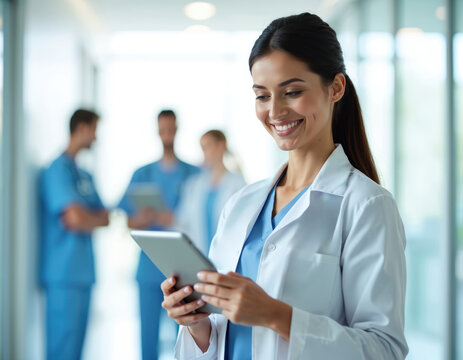 Smiling female doctor portrait holding tablet. Healthcare worker wearing white coat looks at screen. Telehealth consultation, medical history, online report at hospital with colleagues in background.