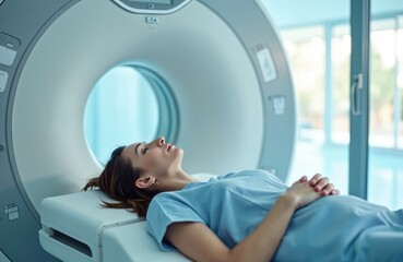 Young woman on radiation therapy for cancer in modern cancer hospital. Patient lying on treatment table inside scanner. Cancer diagnostic treatment. Modern medical equipment. Health care.
