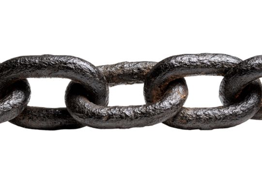metal chain links with weathered rusty surface texture on transparent background for industrial and security design elements