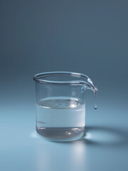Medical container with water and a drop of water on a blue background.