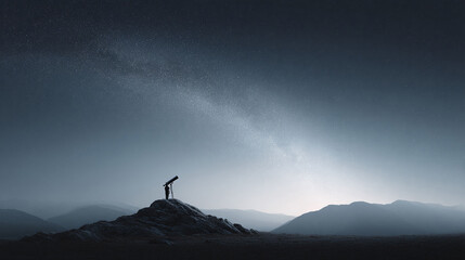 A lone figure with telescope gazes at the Milky Way from a mountain peak. Concept of exploration, discovery, ambition, vision, and the future. Moody, atmospheric scene.