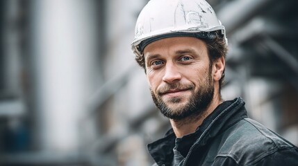 Professional Engineer in Hard Hat Smiling Outdoors at Worksite