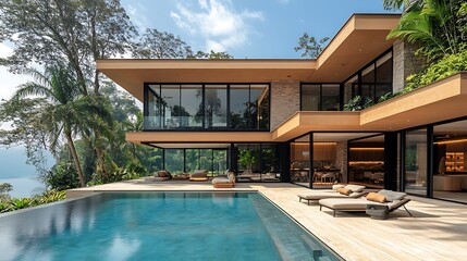 Fototapeta premium Modern house with pool and lake view