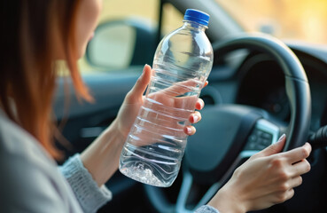 Woman driving car holds bottle water. Drinking driving dangerous. Driver risks accident, road safety hazard. Plastic bottle, car interior, steering wheel. Caution, unsafe behavior, distracted driving