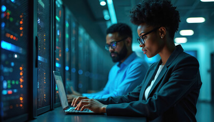 Black woman, man using laptop, working server room. African-American professionals collaborate on tech project. Data center specialists, IT infrastructure management, modern computing, online service.