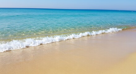 Fototapeta premium Turquoise Blue Ocean Wave Rolls onto Golden Sandy Beach - Tropical Paradise Coastline