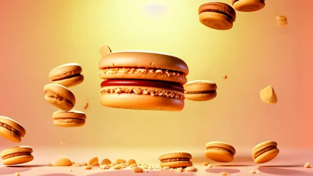 Macaron, French dessert, sweet baking. Confectionery delight. Sugars crystallize forming textures. Almonds contribute natural flavors. Ingredients blend for perfect taste.