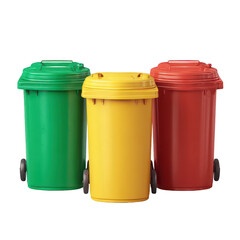 Colorful waste bins for recycling and garbage disposal in green, yellow, and red with wheels suitable for outdoor and indoor use in urban settings
