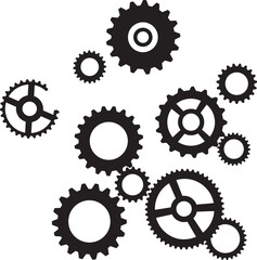 Interconnected Black Silhouette Vector Collection of Gears and Cogs