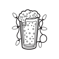 Engraving hand drawn beer glass mug with foam and hop plant