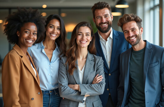 Group portrait of diverse business team in modern office. Happy smiling professional men and women in formal wear. Corporate teamwork, collaboration, diversity, inclusion, success.