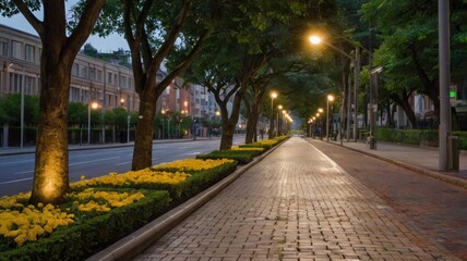Obraz premium Evening city street lined with trees, brick path, and yellow flowers