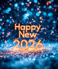 Glowing golden 2026 lights on a sparkling blue snow surface under a dreamy bokeh background with falling snowflakes, with cheerful Happy New Year above, a magical and festive celebration scene