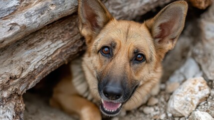 Fototapeta premium A charming German Shepherd is relaxing in a natural nook formed by logs and stones, reflecting a serene ambiance and a connection with the outdoor world.