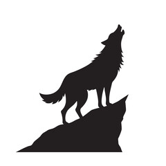 Wolf Howling On Rocky Cliff Silhouette Vector Illustration