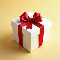 Obraz premium Elegant gift box with glossy red ribbon. White square gift box on gold background. Celebration surprise present. Perfect for birthday christmas holidays, valentine day anniversary.
