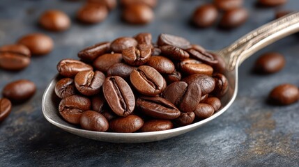 A beautifully arranged spoon carrying roasted coffee beans reflects the luxury and quality of premium coffee, appealing to enthusiasts who appreciate the finer aspects of coffee.